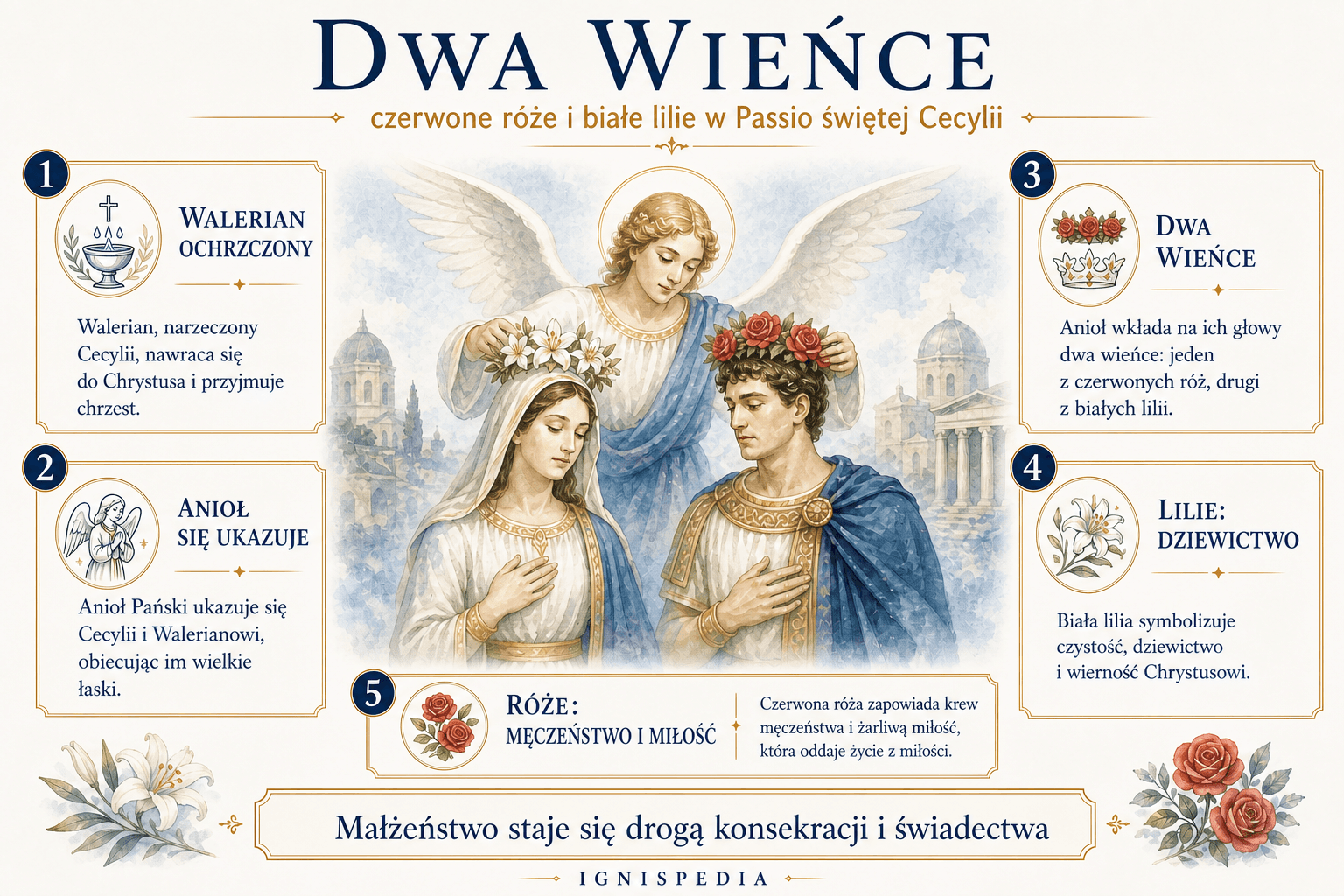 Infografika Ignispedia o dwóch wieńcach z róż i lilii złożonych na Cecylii i Walerianie