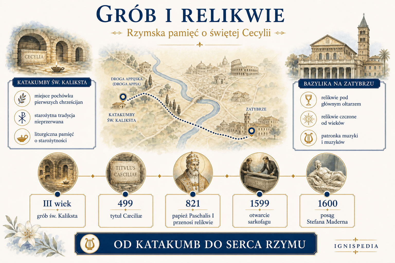 Infografika Ignispedii o grobie i relikwiach św. Cecylii, od katakumb Kaliksta do Zatybrza