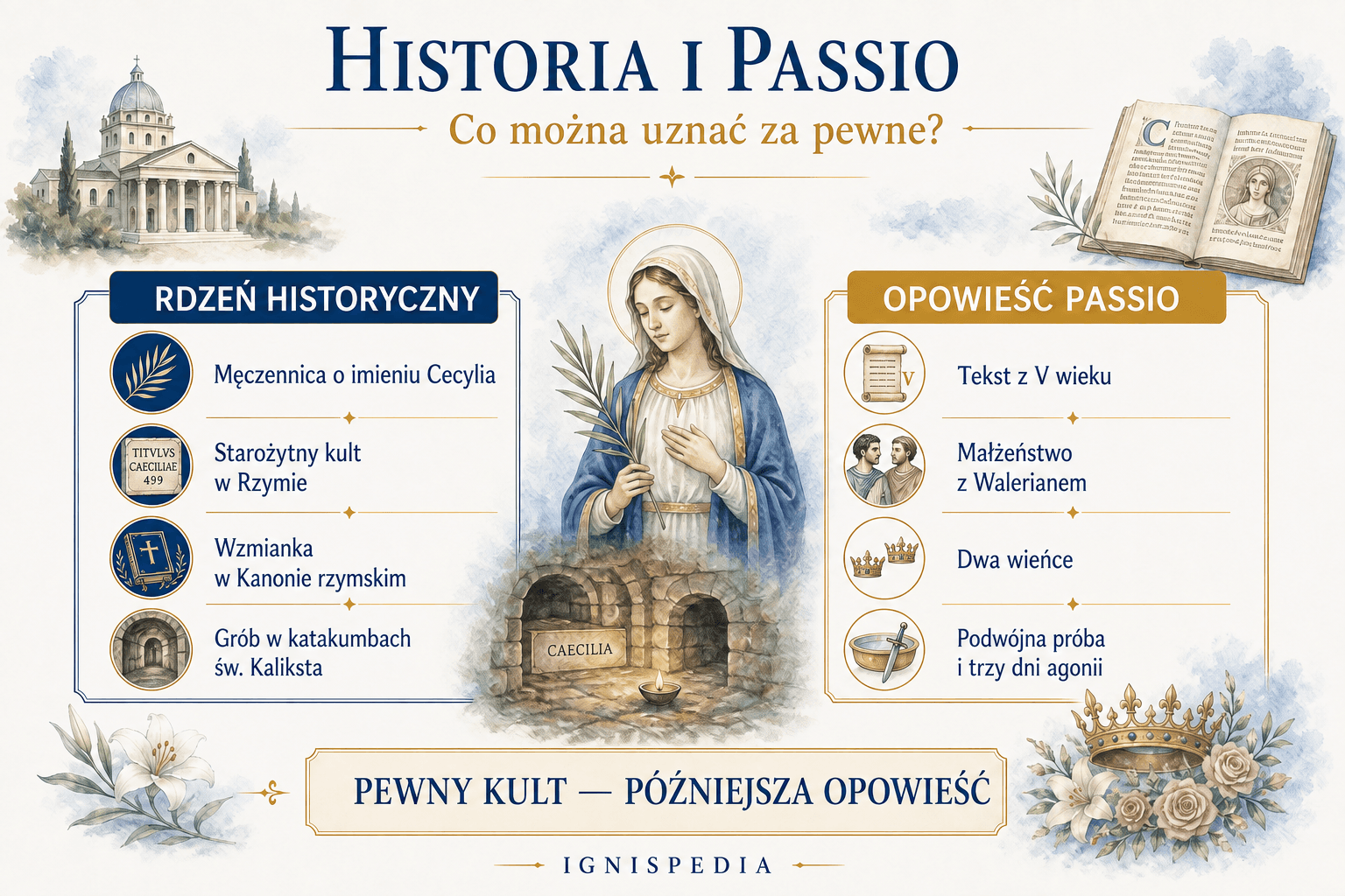 Infografika Ignispedia rozróżniająca historyczne jądro świętej Cecylii i opowieść Passio