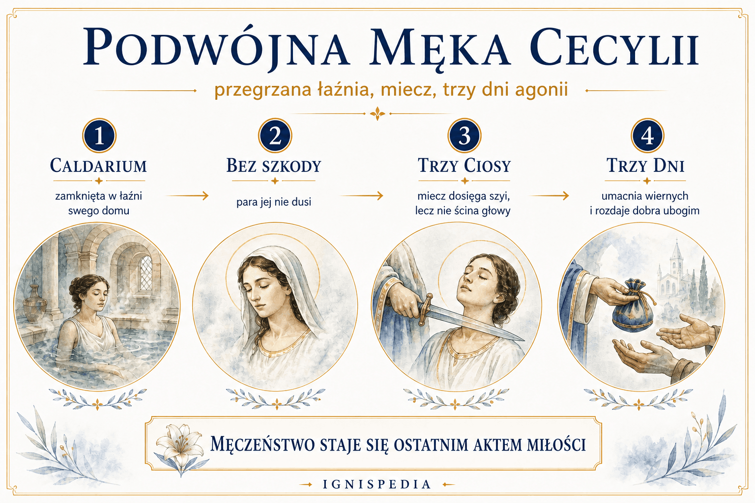 Infografika Ignispedia o podwójnym męczeństwie świętej Cecylii: caldarium, miecz, trzy dni agonii