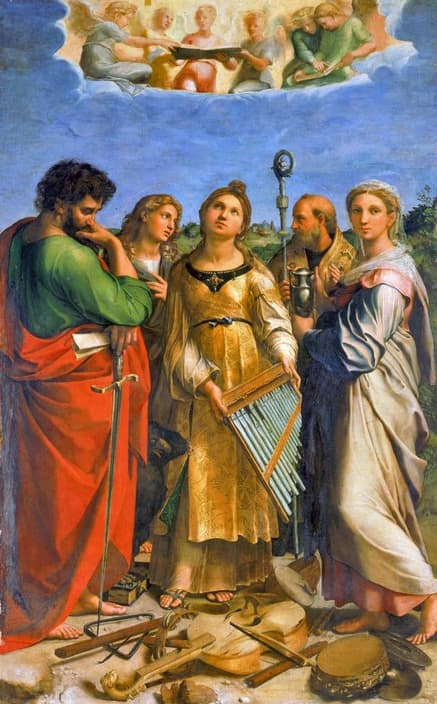 L'Extase de sainte Cécile par Raphaël, tableau patrimonial montrant la sainte entourée de saints et d'instruments de musique