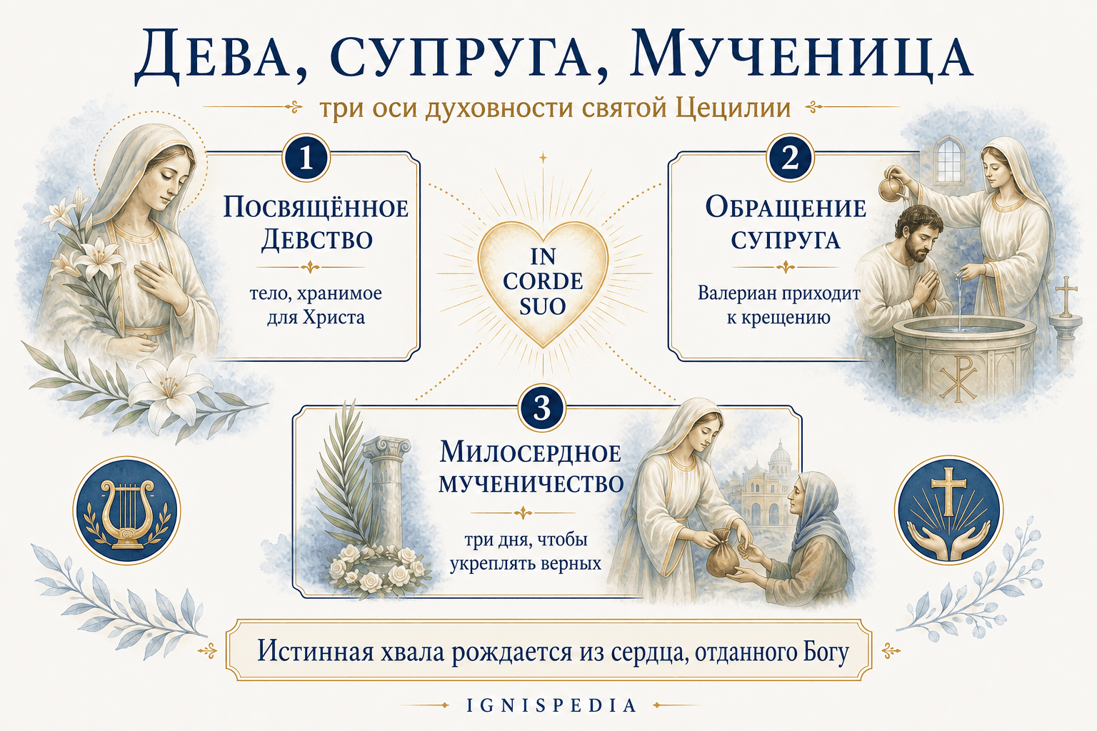 Инфографика Ignispedia о духовности святой Цецилии: дева, супруга и мученица
