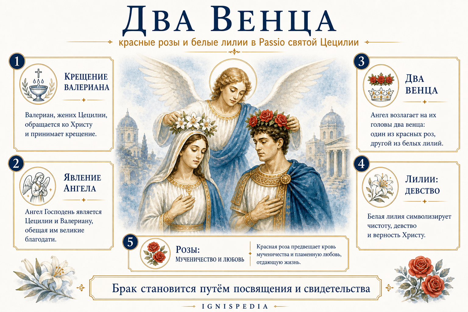Инфографика Ignispedia о двух коронах из роз и лилий, возложенных на Цецилию и Валериана