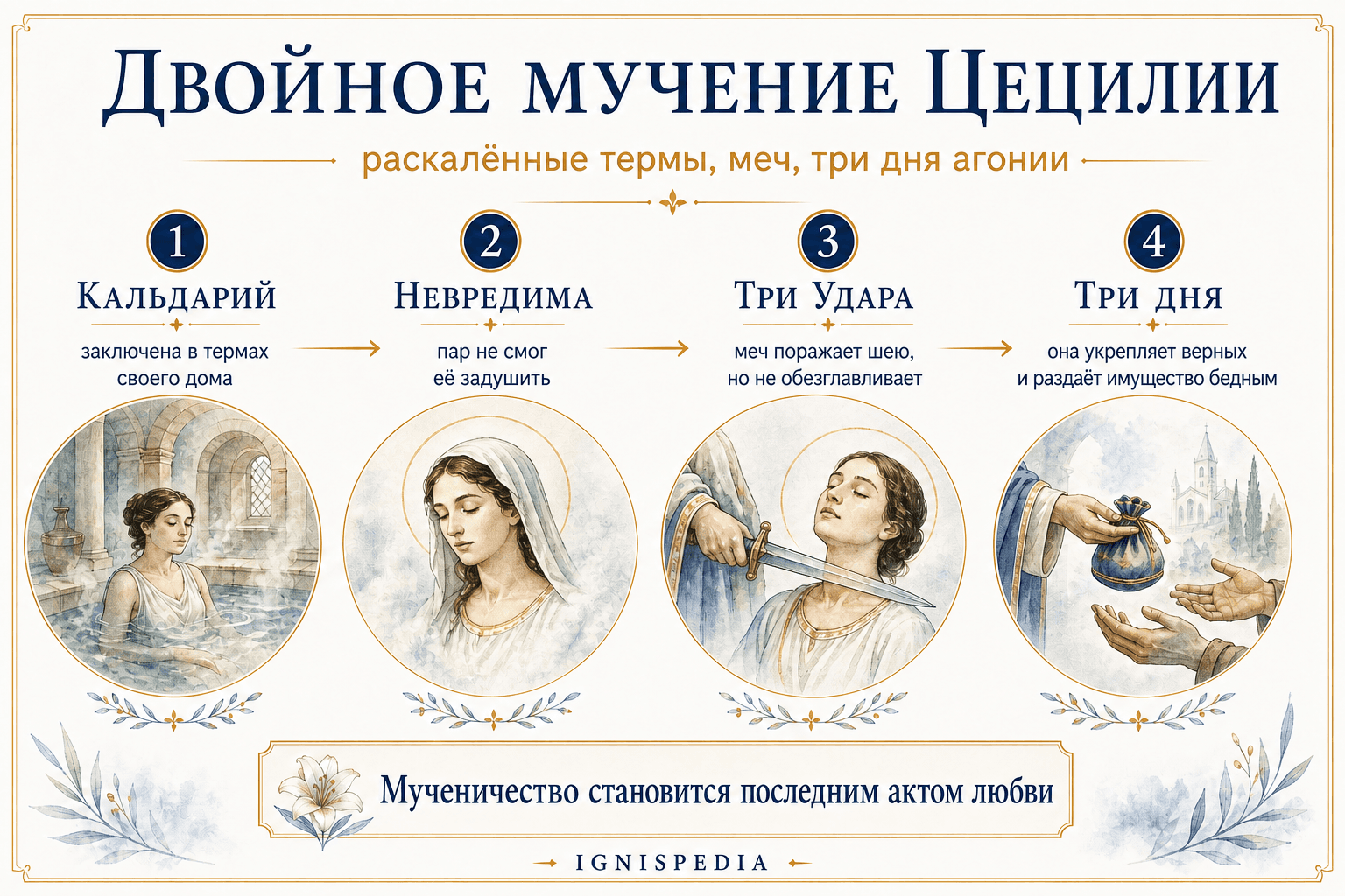 Инфографика Ignispedia о двойных мучениях святой Цецилии: кальдариум, меч, три дня агонии