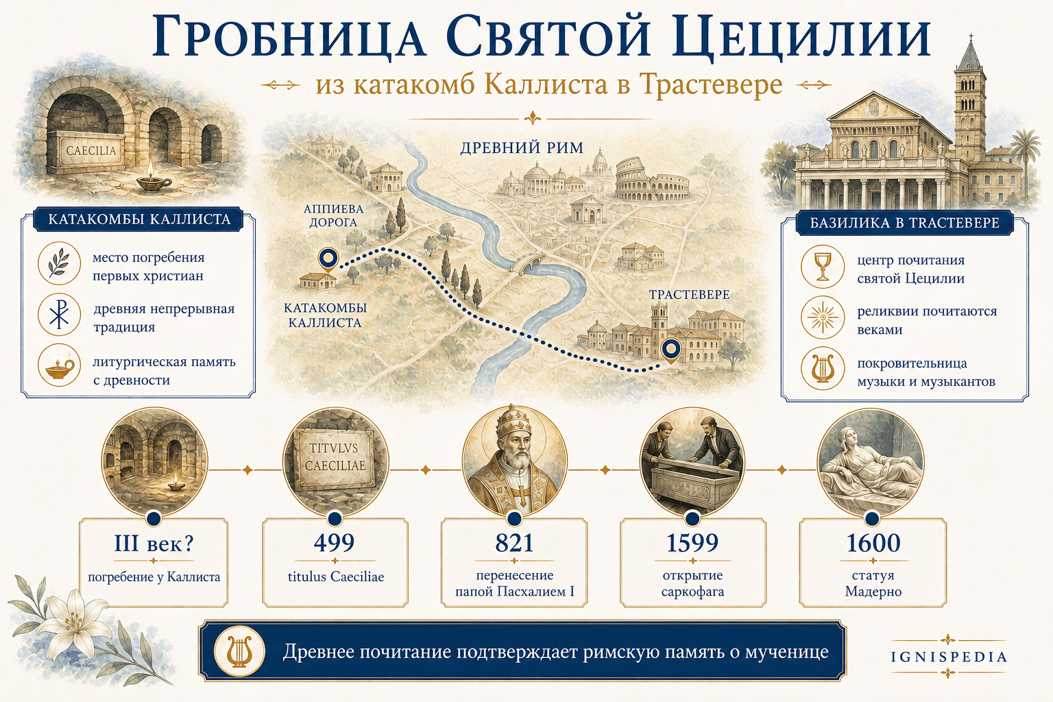 Инфографика Ignispedia о гробнице и реликвиях святой Цецилии — от катакомб Каллиста до Трастевере