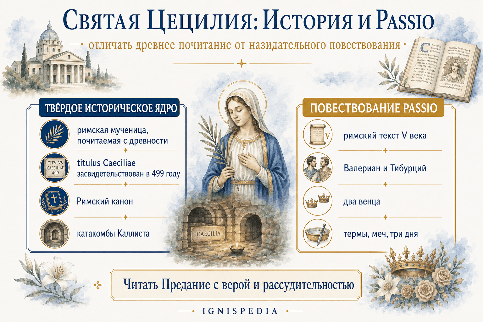 Инфографика Ignispedia, выделяющая историческое ядро святой Цецилии и повествование Passio