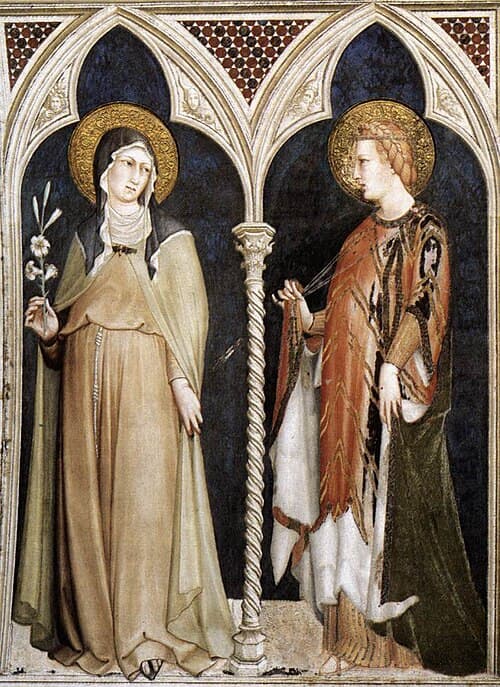 Clare of Assisi on the left, with Elizabeth of Hungary, fresco by Simone Martini