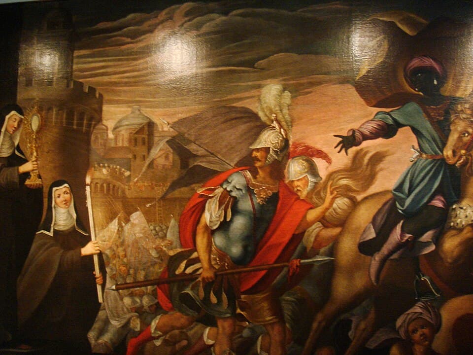 Painting of Clare holding the monstrance before the assailants