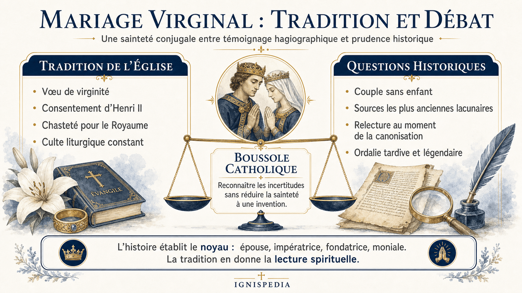 Infographie comparant la tradition de l'Église et les questions historiques sur le mariage virginal de Cunégonde et Henri II