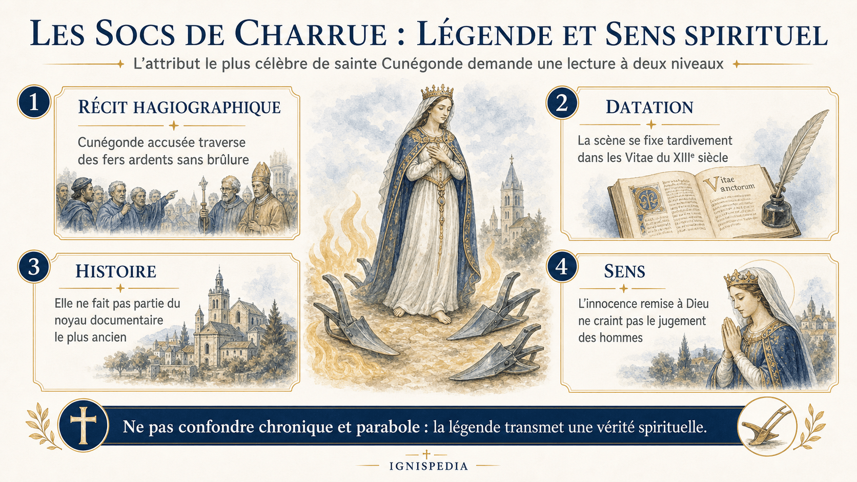 Infographie expliquant la lecture historique et spirituelle de l'épisode des socs de charrue de sainte Cunégonde