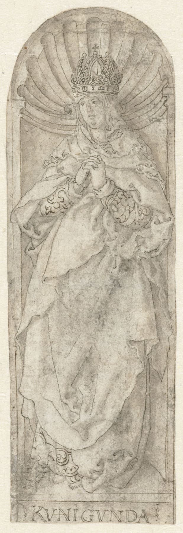 Historic drawing of Saint Cunigunde standing crowned in a niche and holding a ploughshare