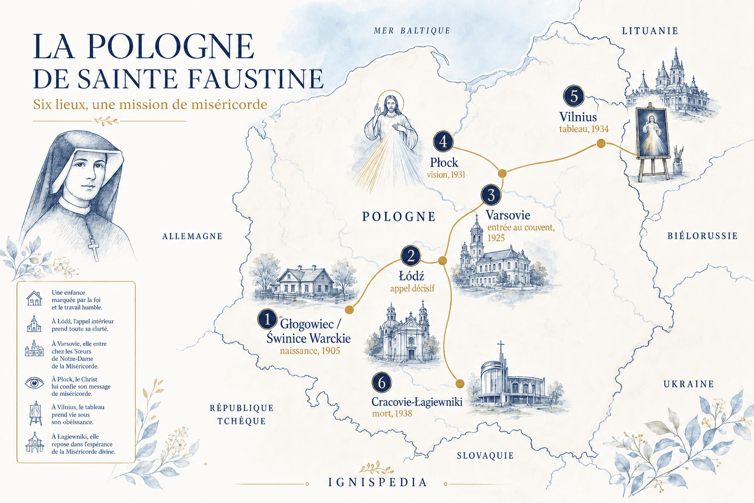 Carte des six lieux principaux de la vie de sainte Faustine, de Głogowiec à Cracovie-Łagiewniki