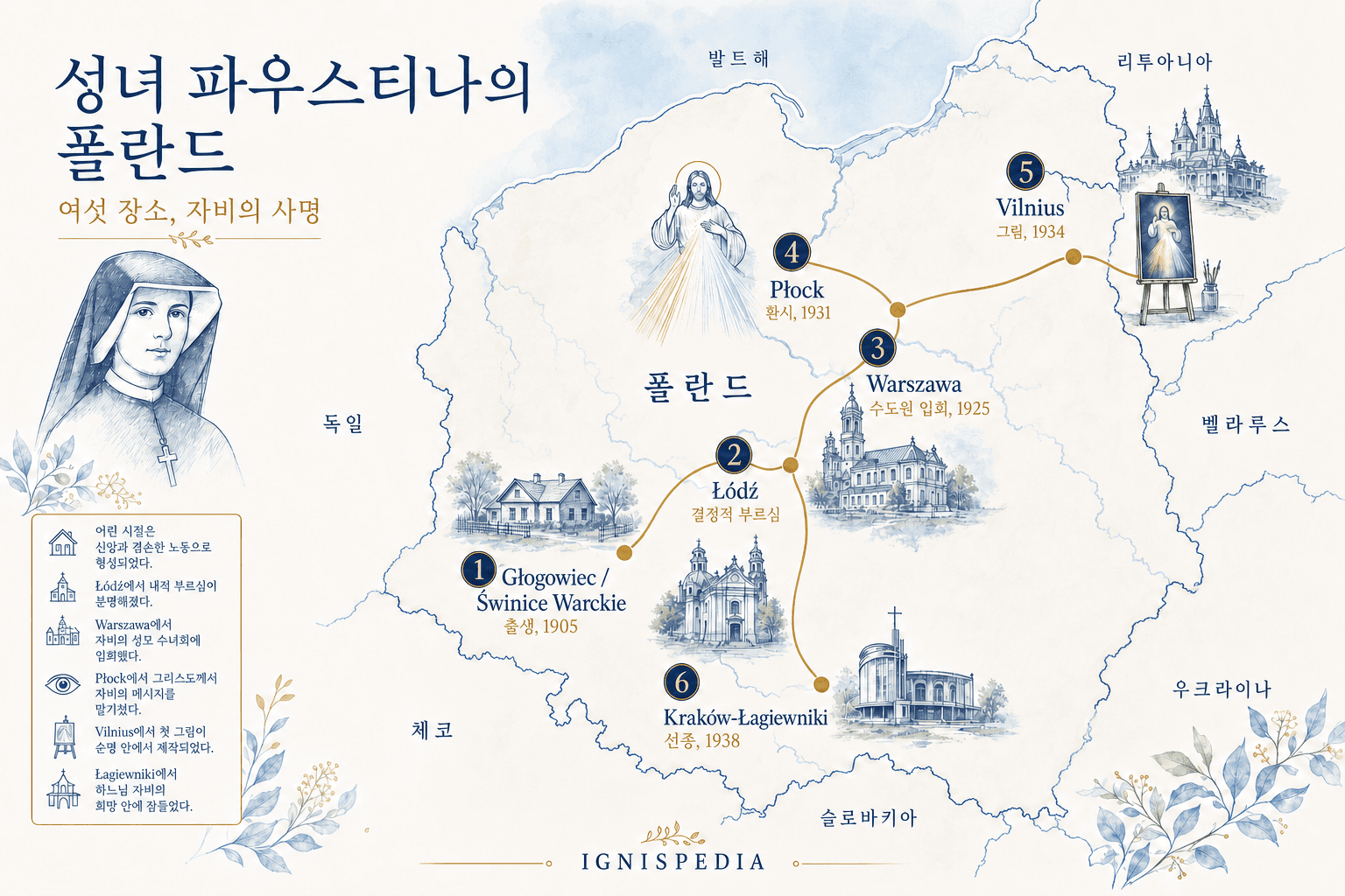 글로고비에츠에서 크라쿠프-와기에브니키까지 성녀 파우스티나의 주요 여섯 장소 지도