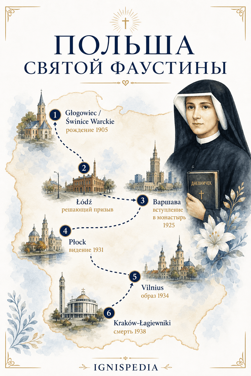 Карта шести основных мест жизни святой Фаустины, от Głogowiec до Кракова-Лагевники