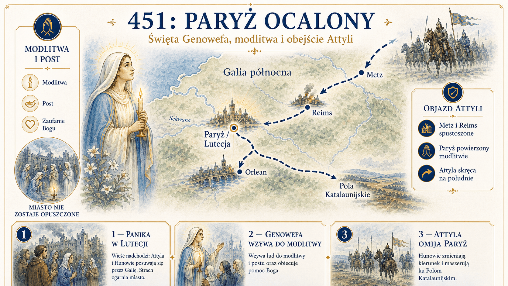 Infografika pokazująca obejście Attyli w 451 roku i Paryż ocalony dzięki wstawiennictwu świętej Genowefy