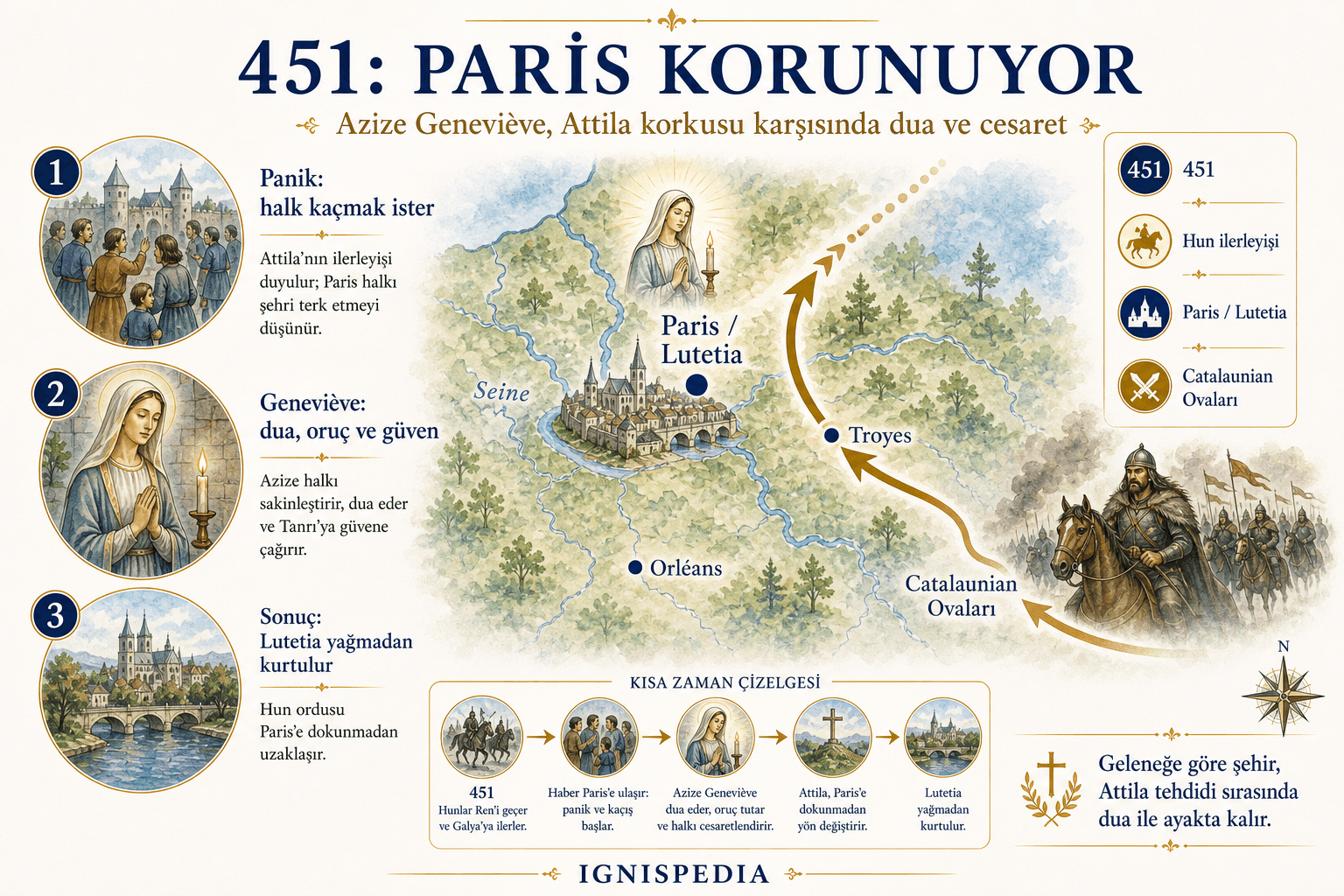 Attila’nın 451’deki seferi ve azize Geneviève’nin şefaatıyla Paris’in kurtuluşunu gösteren infografik