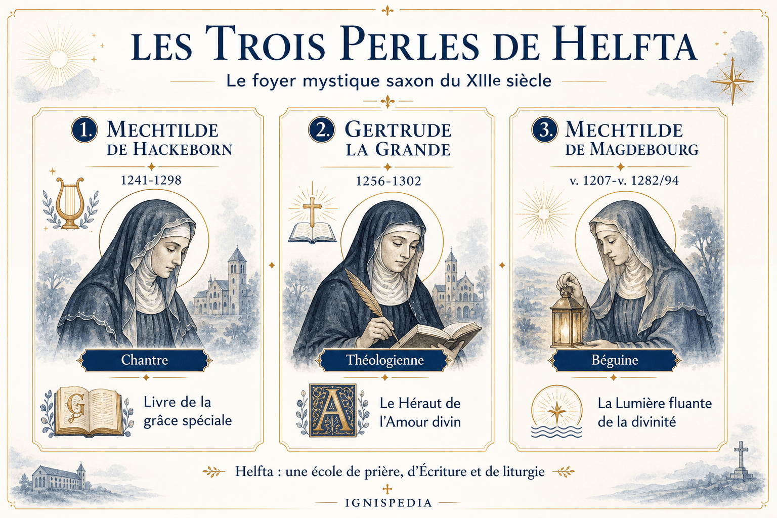 Infographie présentant les trois perles de Helfta : Mechtilde de Hackeborn, Gertrude la Grande et Mechtilde de Magdebourg