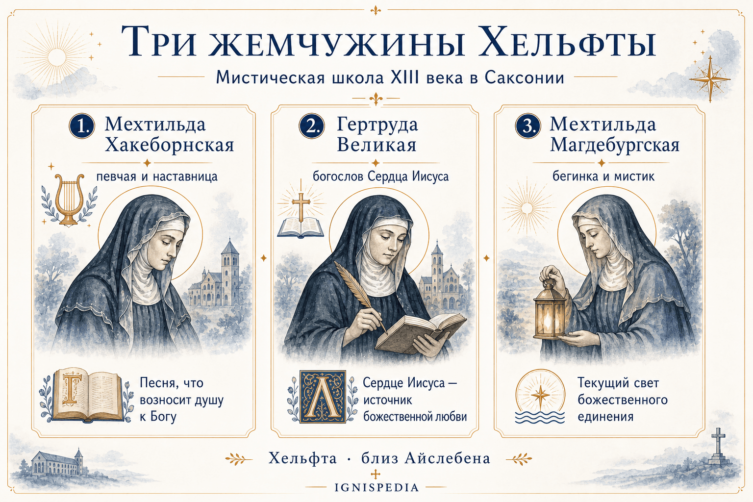 Инфография о трех жемчужинах Хельфты: Мехтильде Хакеборнской, Гертруде Великой и Мехтильде Магдебургской