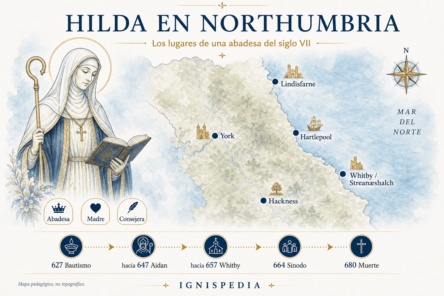Infografía de los lugares de la vida de santa Hilda en Northumbria: York, Lindisfarne, Hartlepool, Whitby y Hackness