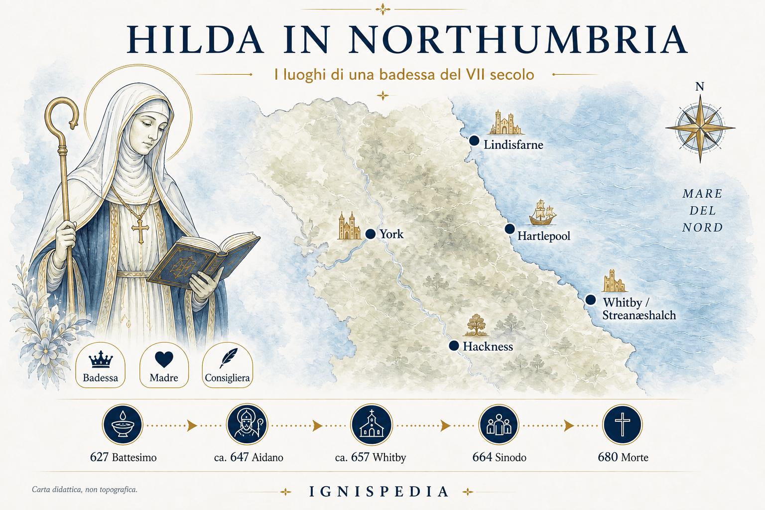 Infografica che mostra i luoghi della vita di santa Hilda in Northumbria: York, Lindisfarne, Hartlepool, Whitby e Hackness