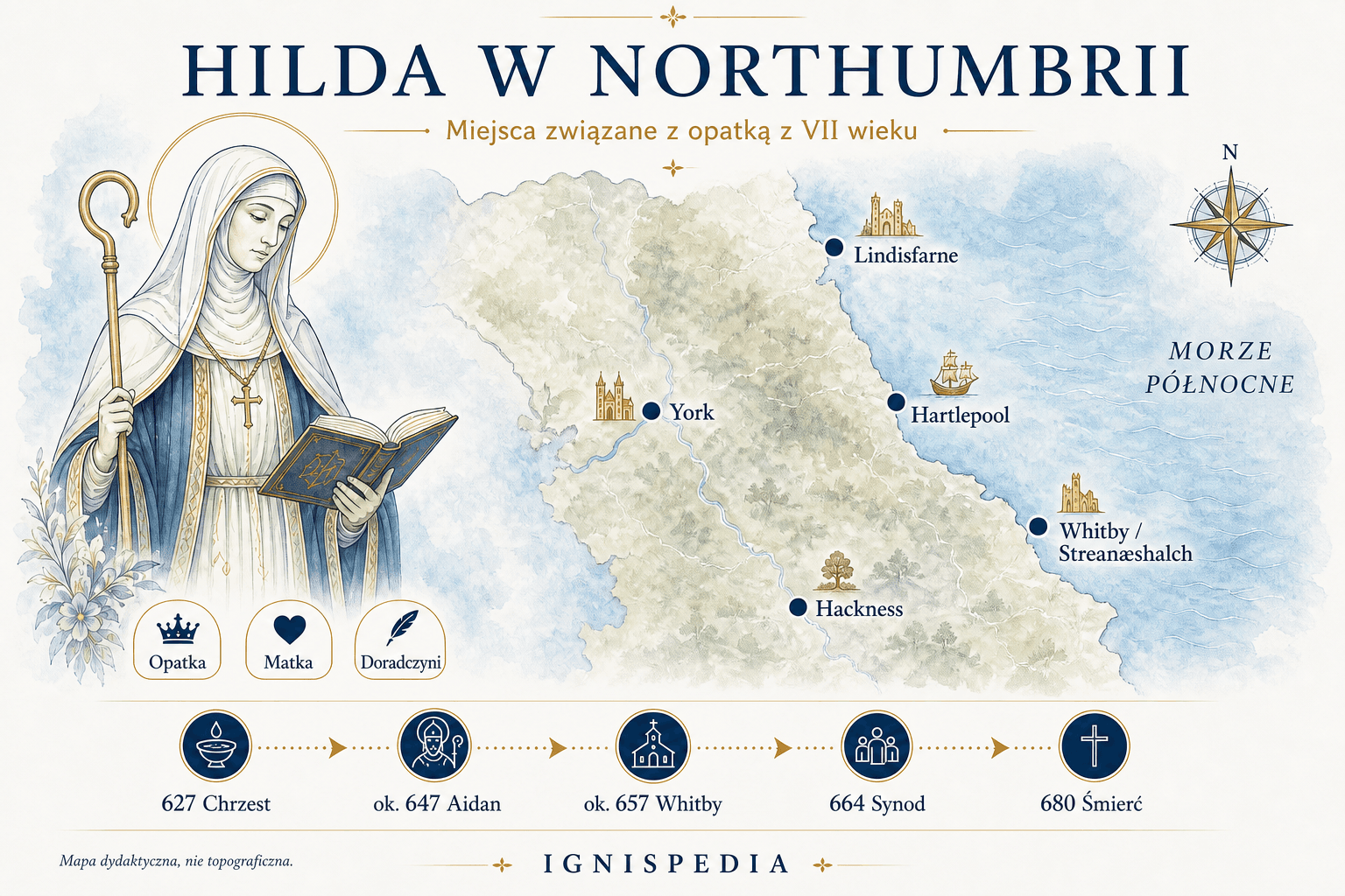 Infografika przedstawiająca miejsca życia świętej Hildy w Northumbrii: York, Lindisfarne, Hartlepool, Whitby i Hackness