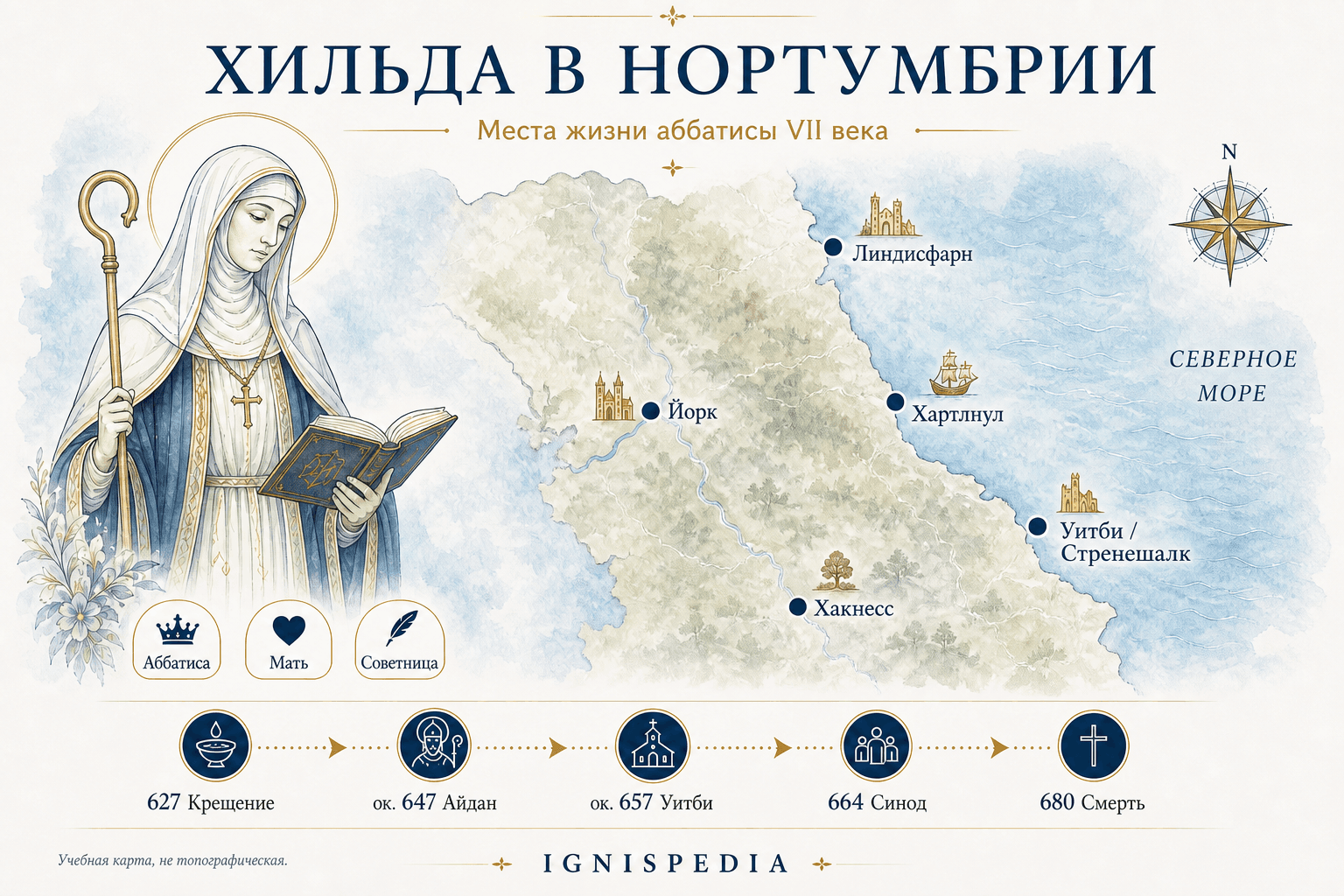 Инфографика с главными местами жизни святой Хильды в Нортумбрии: Йорк, Линдисфарн, Хартлпул, Уитби и Хакнесс