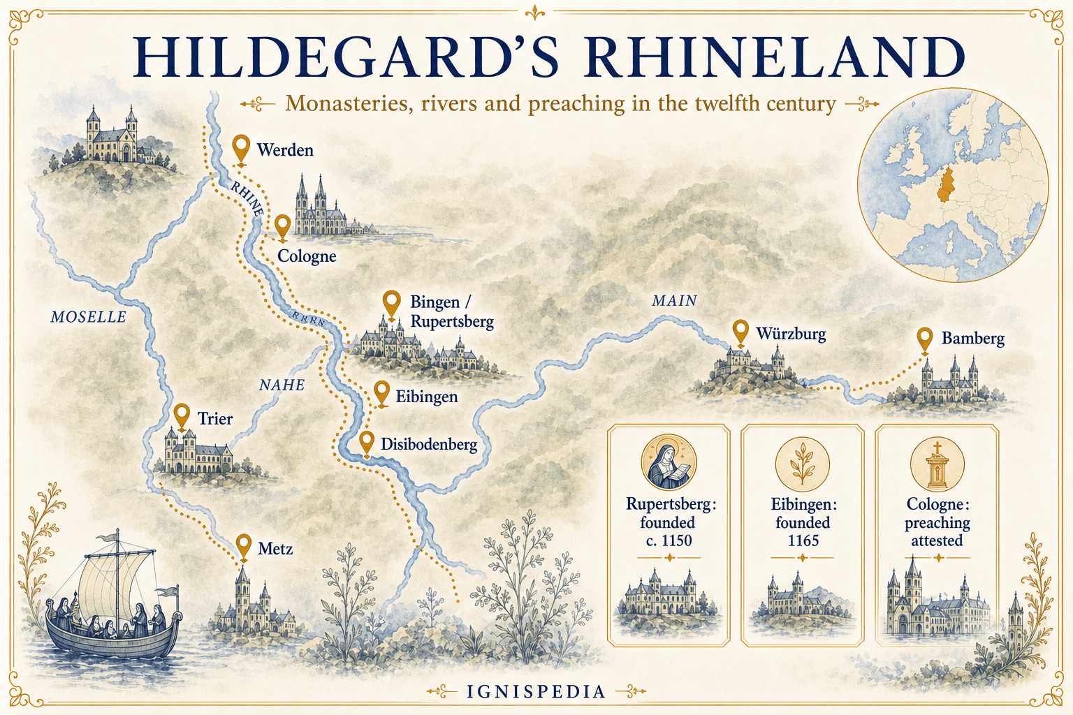 Map of the Rhineland of Saint Hildegard with Bingen, Rupertsberg, Disibodenberg, Eibingen, and preaching cities