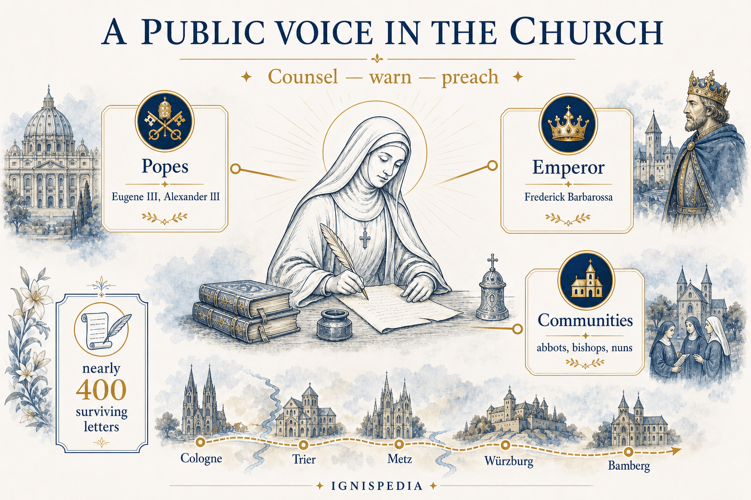 Infographic on Saint Hildegard’s correspondence with popes, the emperor, and communities