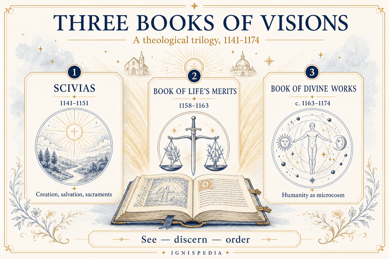 Diagram of Saint Hildegard’s three major visionary books: Scivias, Book of Merits, and Divine Works