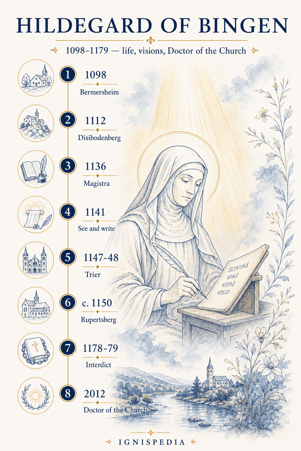 Timeline of the life of Saint Hildegard of Bingen from 1098 to 2012