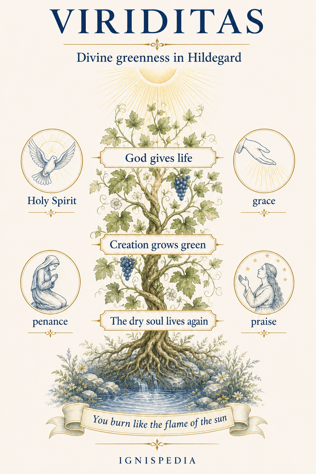 Infographic explaining viriditas in Saint Hildegard as divine greenness, grace, and life of the soul