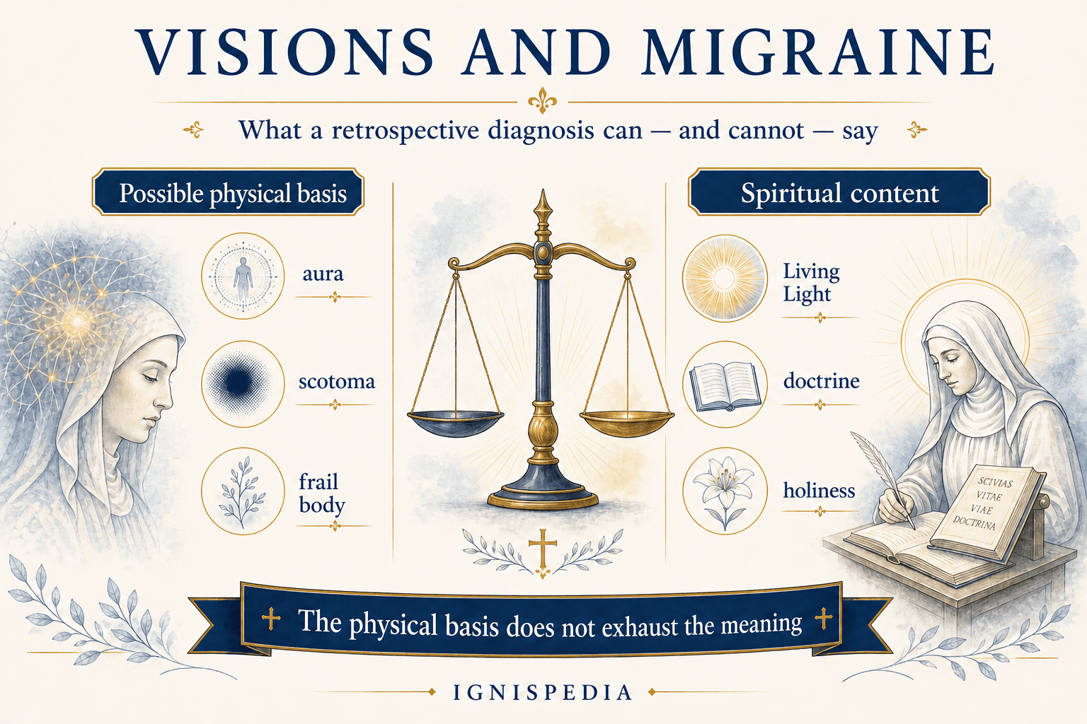 Infographic distinguishing the possible support of visions from their spiritual content in the migraine debate