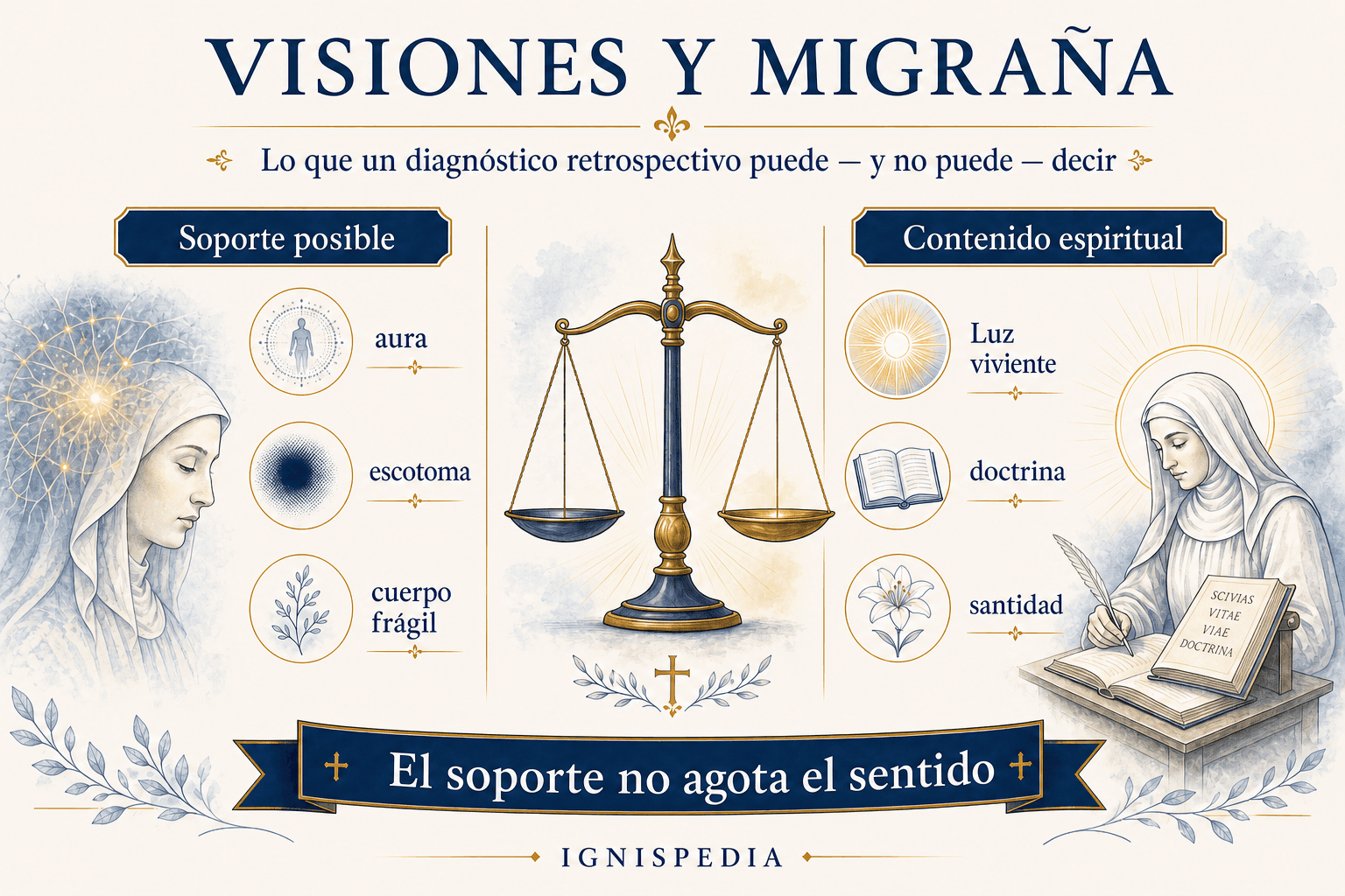 Infografía que distingue el soporte posible de las visiones de su contenido espiritual en el debate sobre la migraña
