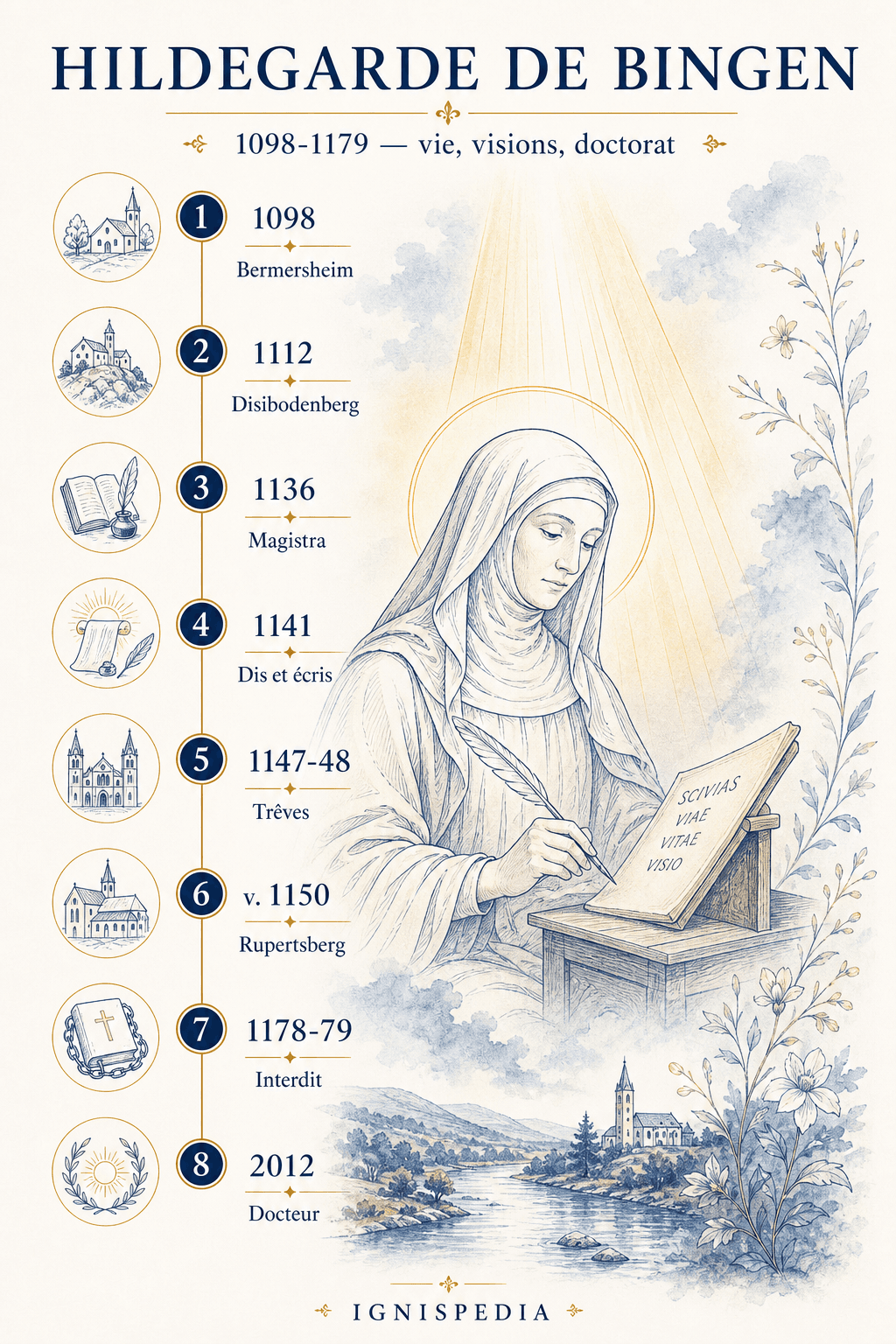Frise chronologique de la vie de sainte Hildegarde de Bingen de 1098 à 2012