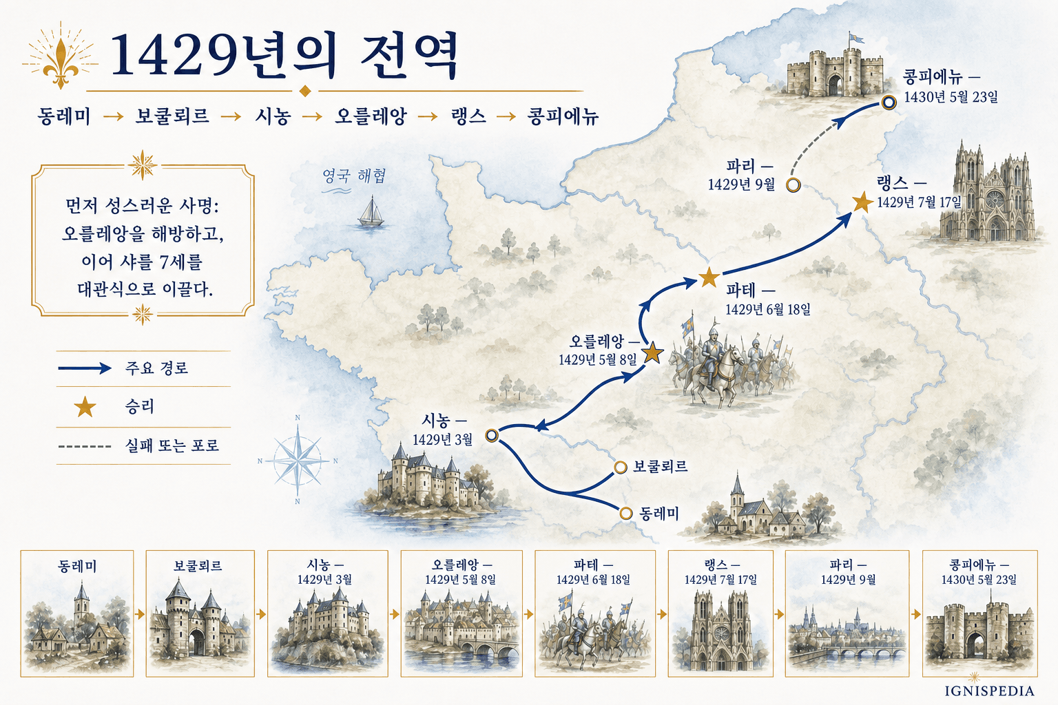 1429년 잔 다르크의 전역을 동레미에서 콩피에뉴까지 보여 주는 한국어 지도 인포그래픽