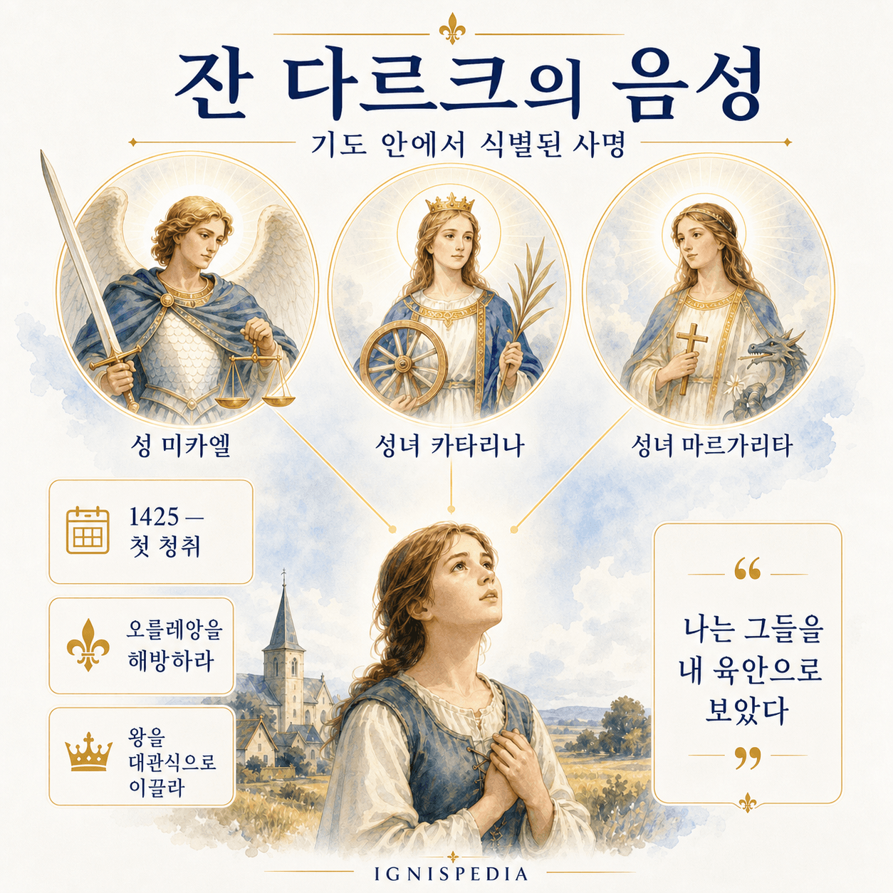 잔 다르크의 음성들, 성 미카엘과 성녀 카타리나와 성녀 마르가리타를 보여 주는 한국어 인포그래픽