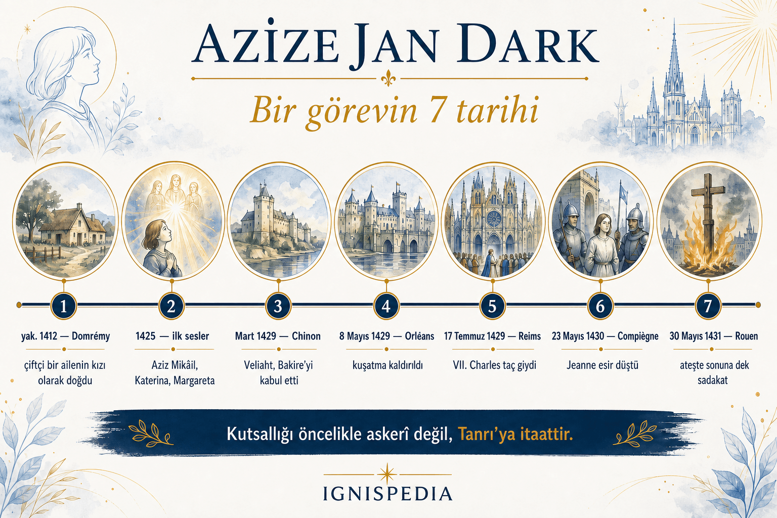 Azize Jan Dark'ın Domrémy'den Rouen'daki ateşe uzanan hayatını yedi tarihte gösteren kronolojik infografik