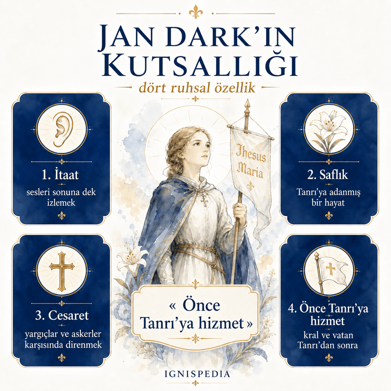 Azize Jan Dark'ın dört ruhsal özelliğini gösteren infografik: itaat, saflık, cesaret ve önce Tanrı'ya hizmet