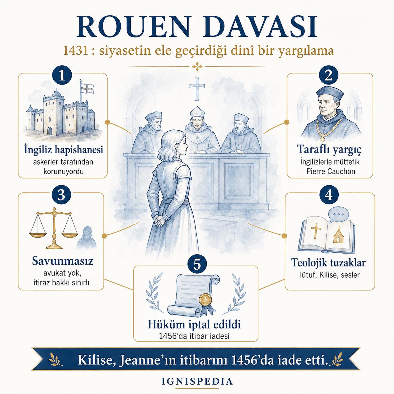 1431'de Jan Dark'a karşı yürütülen Rouen davasındaki usulsüzlükleri açıklayan infografik
