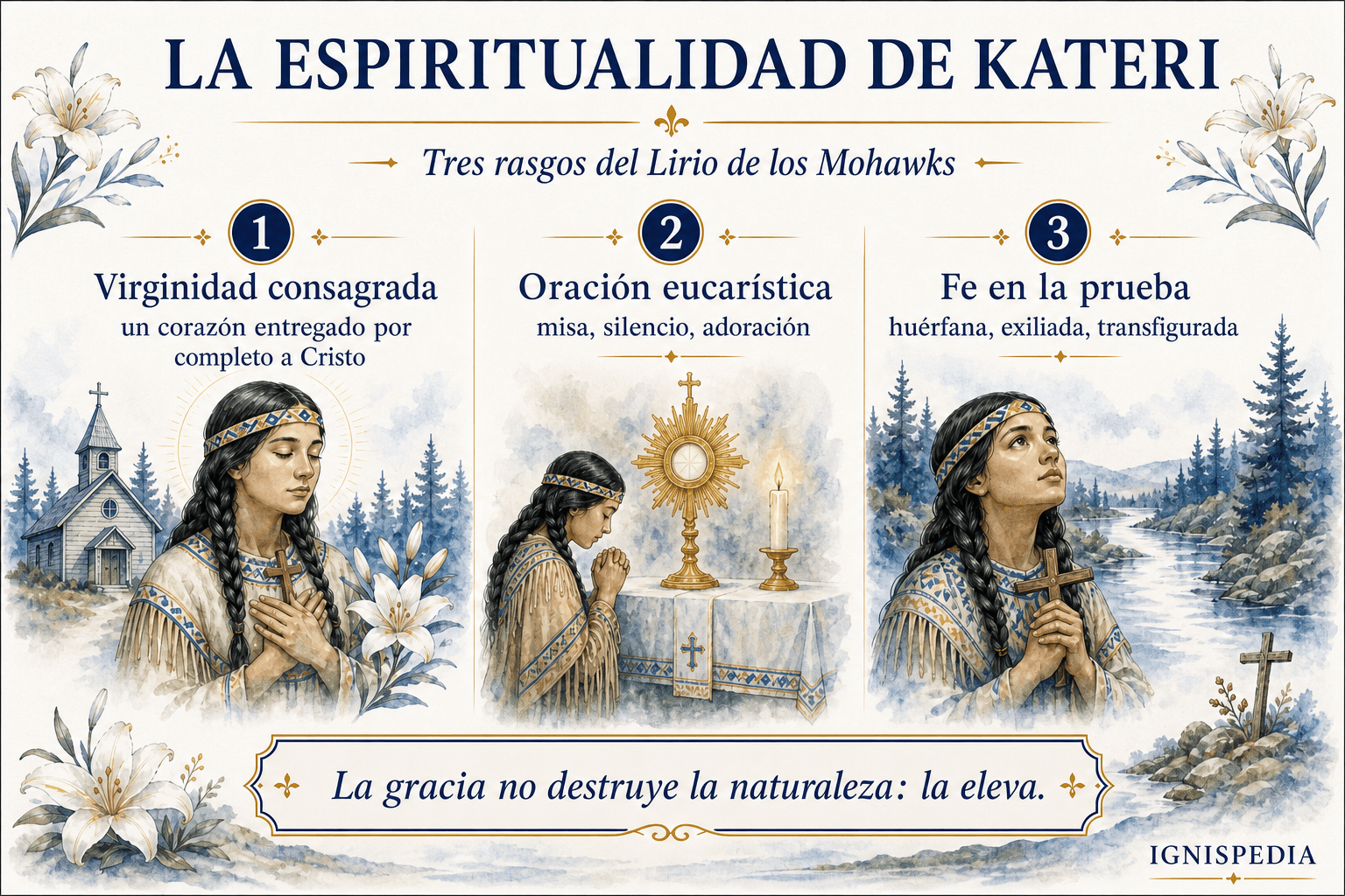 Infografía sobre los tres rasgos de la espiritualidad de Santa Kateri Tekakwitha