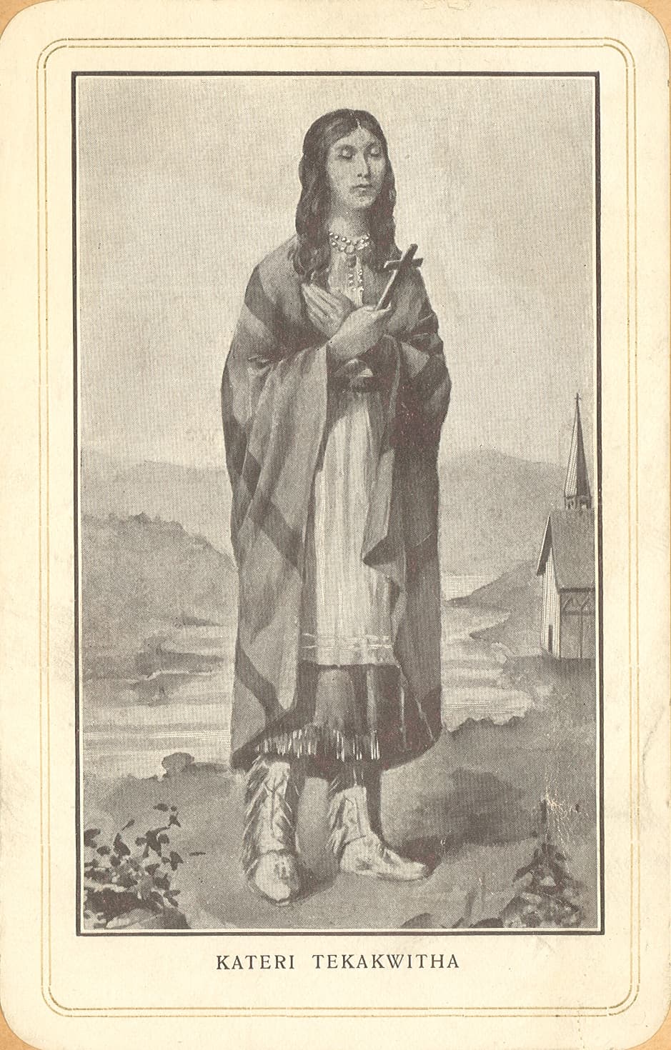 Early devotional image of Saint Kateri Tekakwitha holding a cross