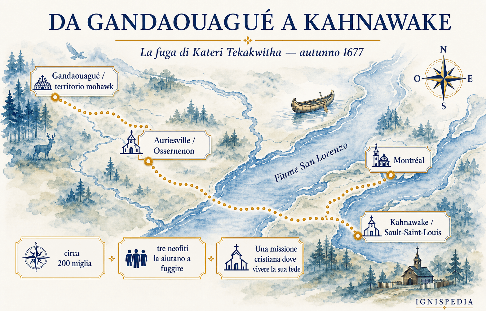 Mappa infografica della fuga di Kateri Tekakwitha da Gandaouagué a Kahnawake