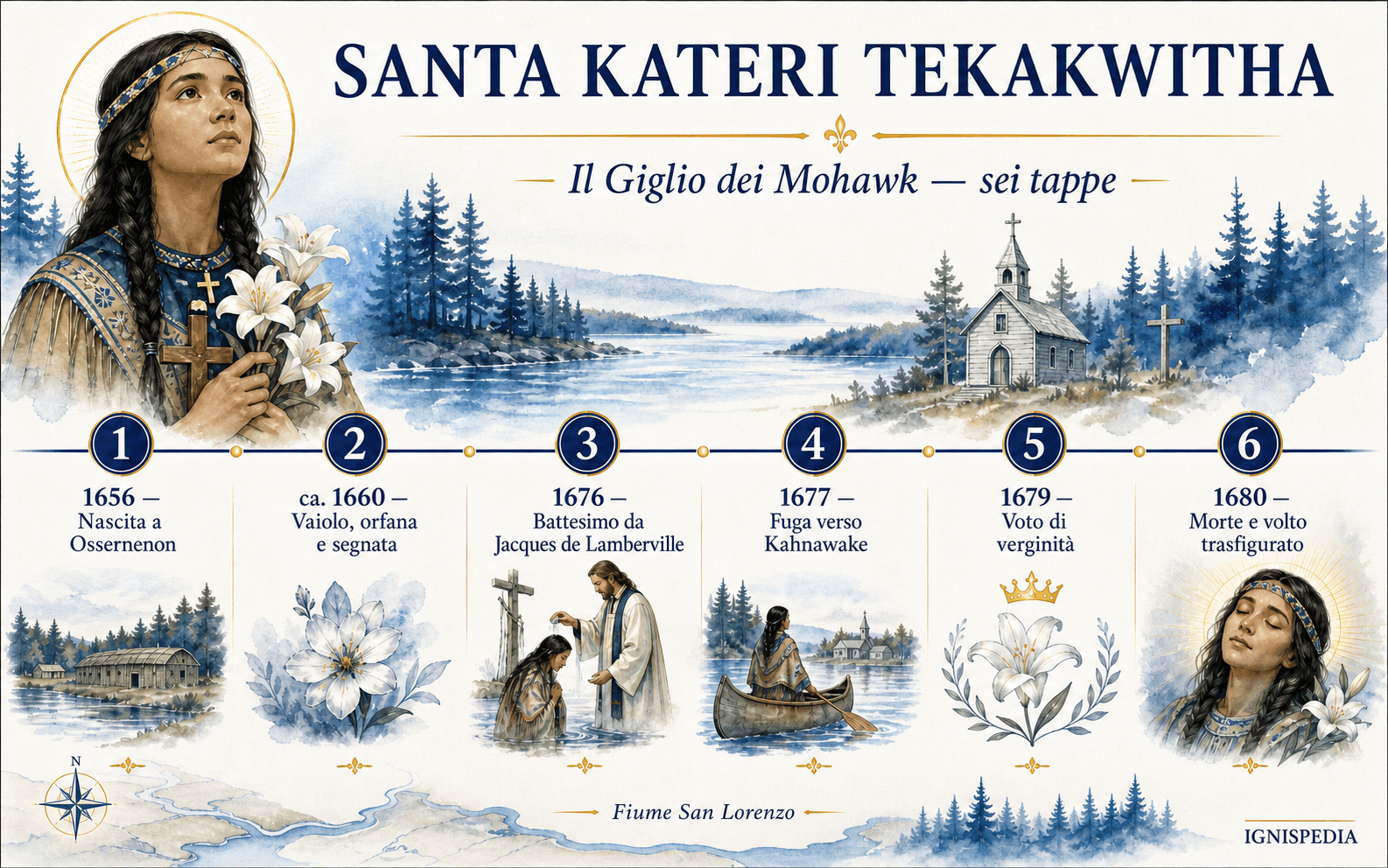 Infografica Ignispedia dei sei momenti chiave della vita di santa Kateri Tekakwitha