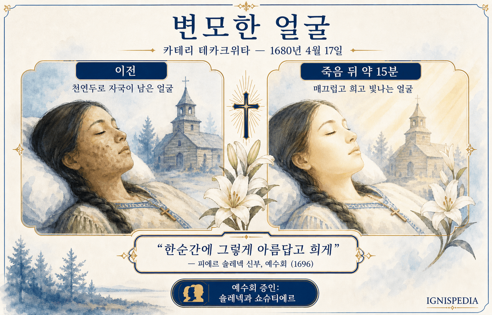 성녀 카테리 테카크위타 선종 후 변모한 얼굴에 대한 인포그래픽