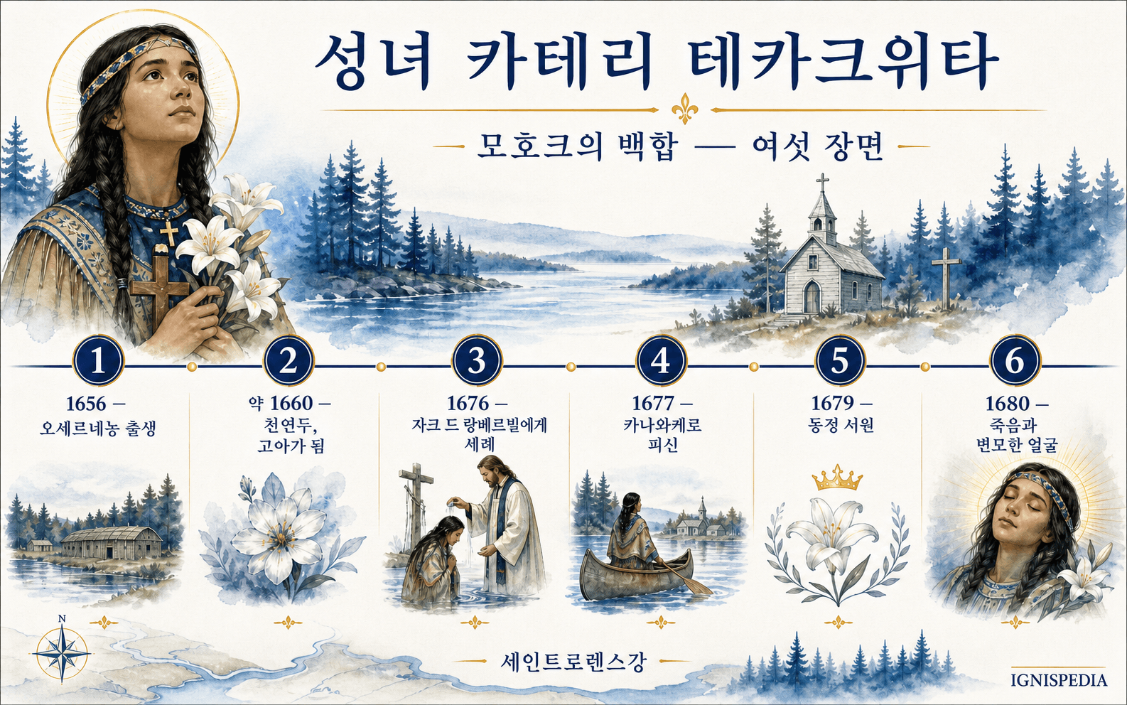 성녀 카테리 테카크위타의 삶의 여섯 가지 이정표에 대한 이그니스피디아 인포그래픽