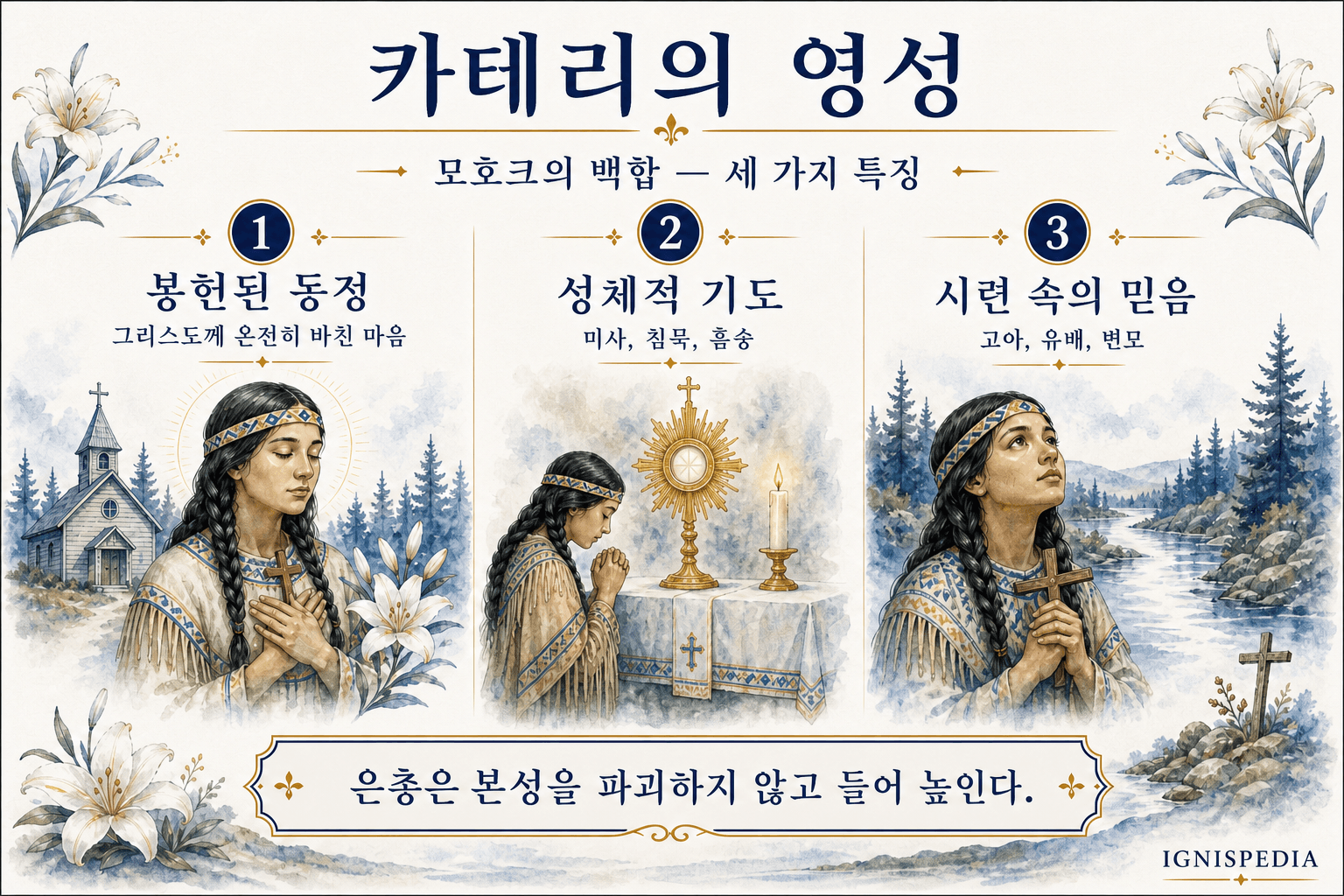 성녀 카테리 테카크위타 영성의 세 가지 특징에 대한 인포그래픽