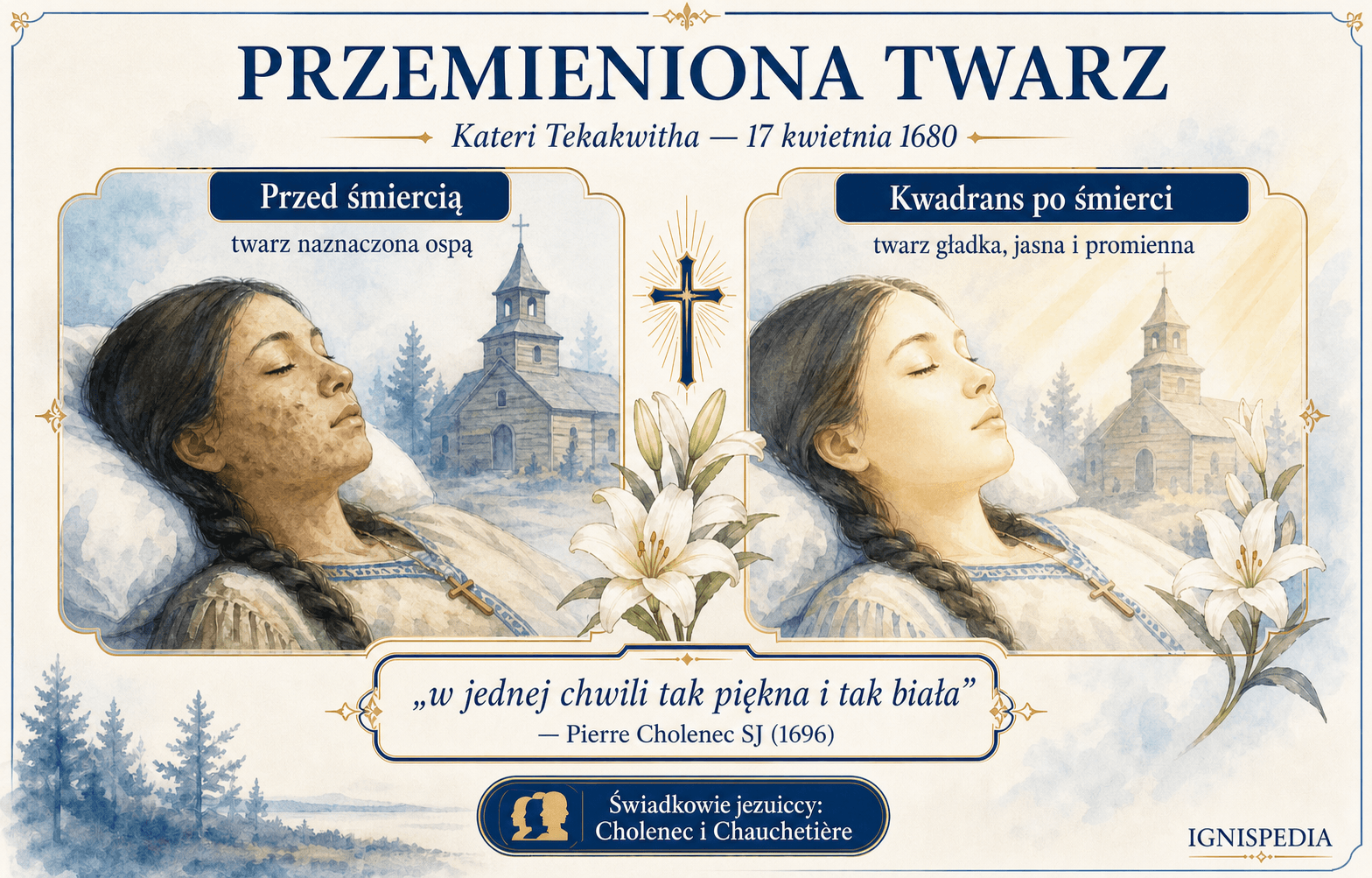 Infografika o przemienionym obliczu świętej Kateri Tekakwitha po jej śmierci
