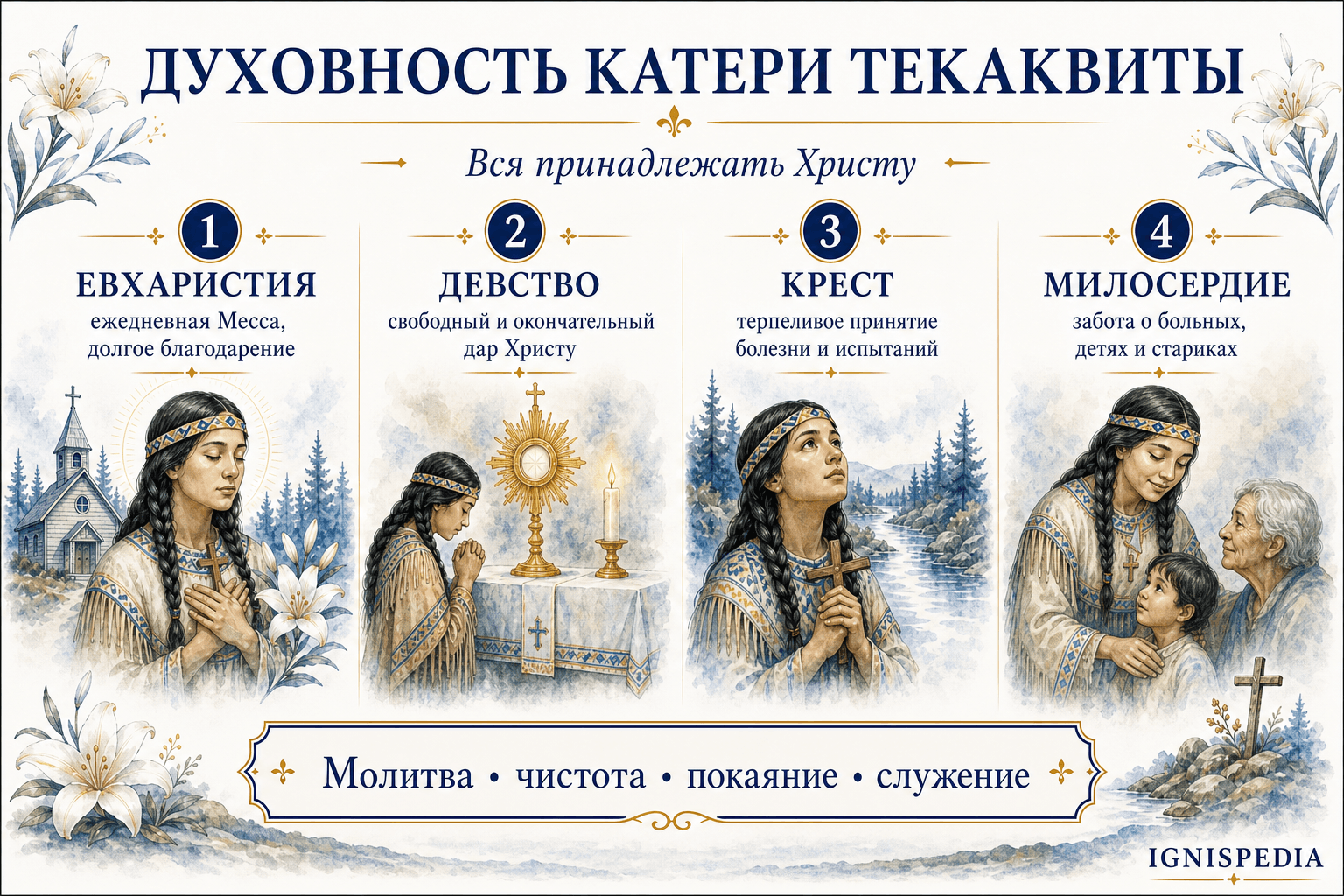 Инфографика о трёх чертах духовности святой Катери Текаквиты