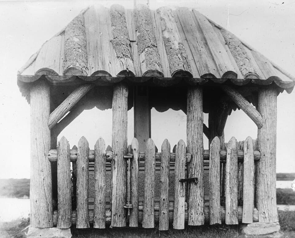 Early wooden shrine sheltering Kateri Tekakwitha's tomb at Kahnawake
