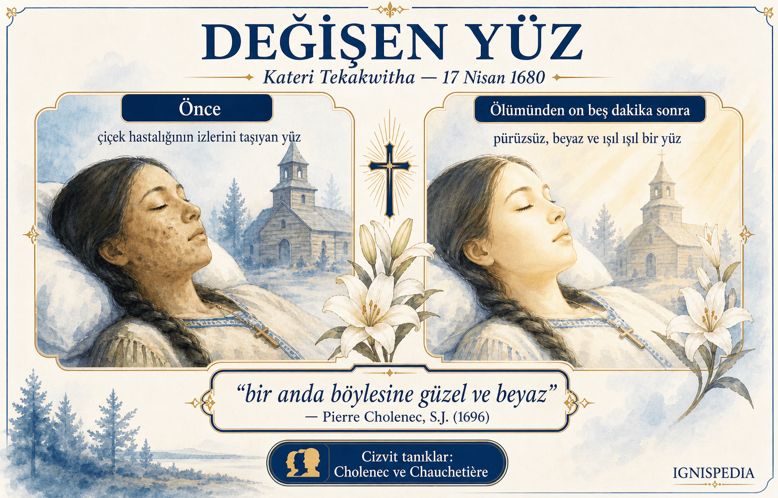 Azize Kateri Tekakwitha'nın ölümünden sonra transfigüre olan yüzüne dair infografik